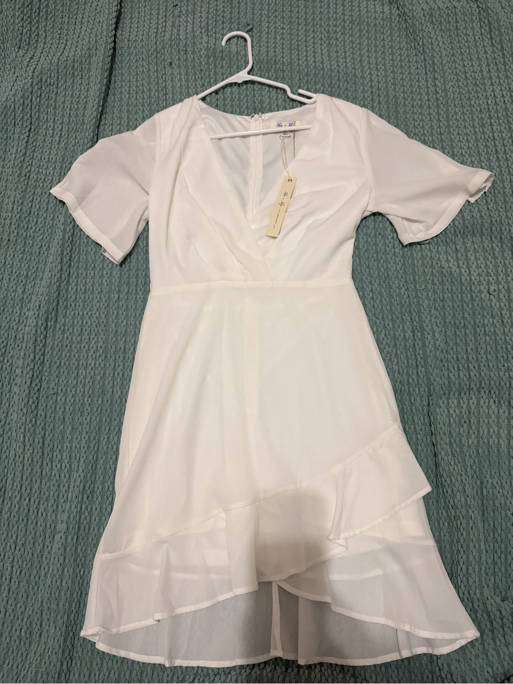 She + Sky White V-Neck High-Low Ruffle Wrap Dress